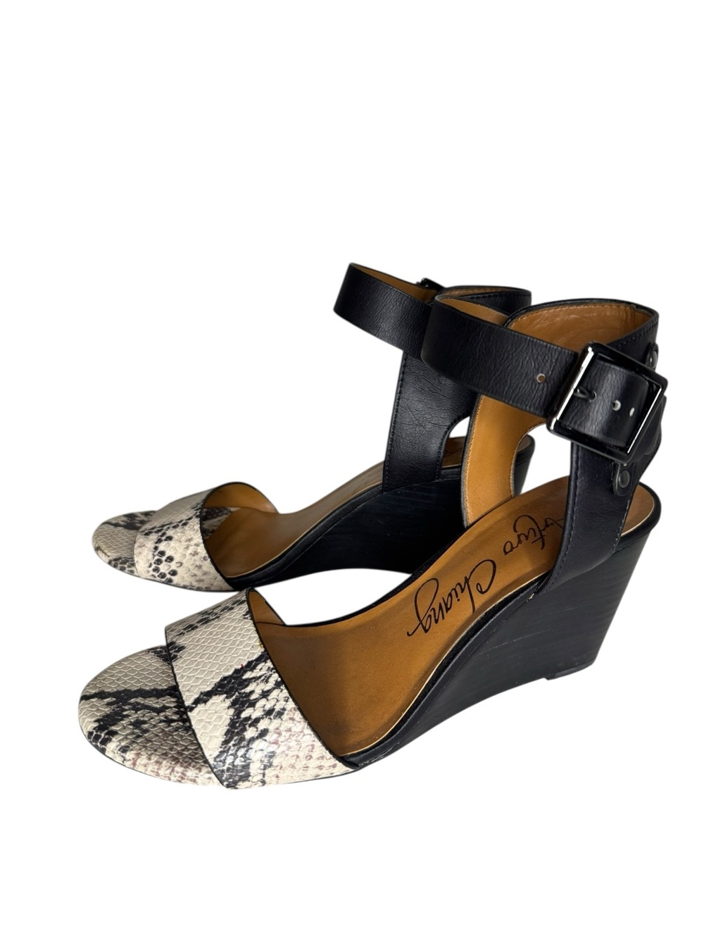 Arturo Chiang Black Ankle-Strap Wedges with Snakeskin Print